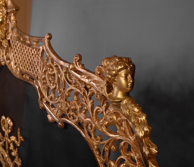 Antique large Napoleon III style firescreen in gilt bronze with head of satyr-5