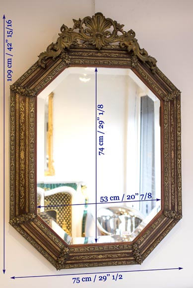 Beautiful octagonal Napoleon 3 mirror with beveled glass, wood, bronze and golden brass inlays-5