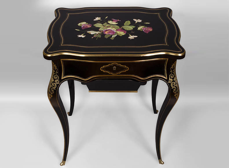 Julien-Nicolas RIVART (1802-1867) - Sewing table in blackened pearwood decorated of wild flowers in porcelain marquetry-0