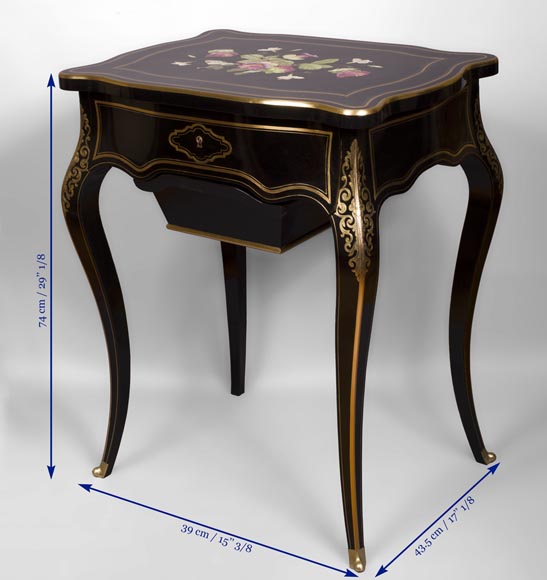 Julien-Nicolas RIVART (1802-1867) - Sewing table in blackened pearwood decorated of wild flowers in porcelain marquetry-5
