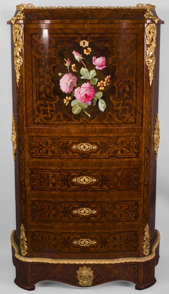 Julien-Nicolas RIVART (1802-1867) - Chiffonier Secretary desk  in wood and porcelain marquetry Decorated of blooming roses-0