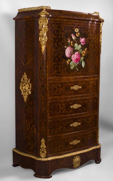 Julien-Nicolas RIVART (1802-1867) - Chiffonier Secretary desk  in wood and porcelain marquetry Decorated of blooming roses-1