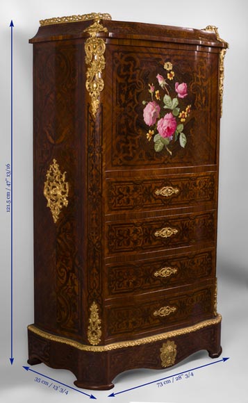 Julien-Nicolas RIVART (1802-1867) - Chiffonier Secretary desk  in wood and porcelain marquetry Decorated of blooming roses-6