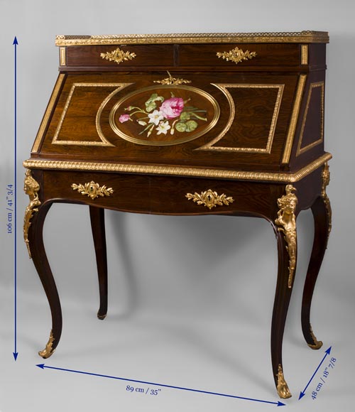 Julien-Nicolas RIVART (1802-1867) - Writing desk with gilt bronze espagnolettes and porcelain marquetry decoration-6