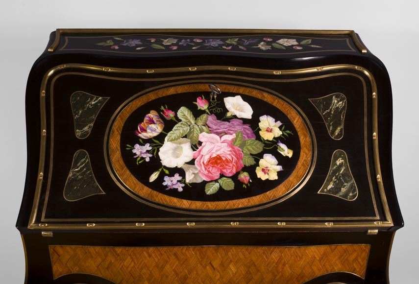 Julien-Nicolas RIVART (1802-1867) - Curved writing desk with lozenges marquetry And flowers bouquet in porcelain inlay-2