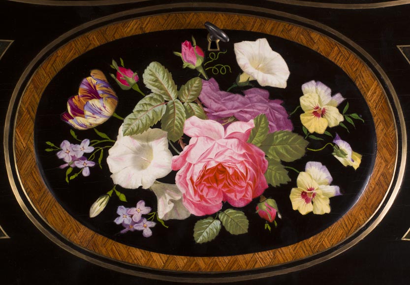Julien-Nicolas RIVART (1802-1867) - Curved writing desk with lozenges marquetry And flowers bouquet in porcelain inlay-3