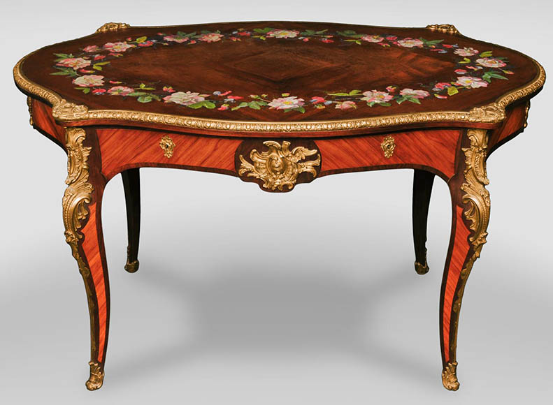 Julien-Nicolas RIVART (1802-1867) - Louis XV style Rosewood Table with decor of porcelain marquetry-0