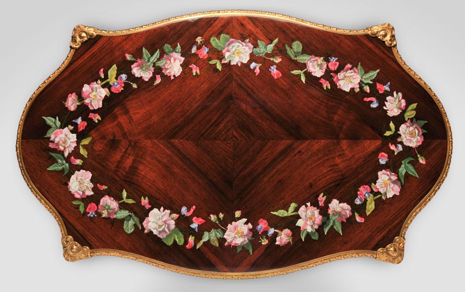 Julien-Nicolas RIVART (1802-1867) - Louis XV style Rosewood Table with decor of porcelain marquetry-2