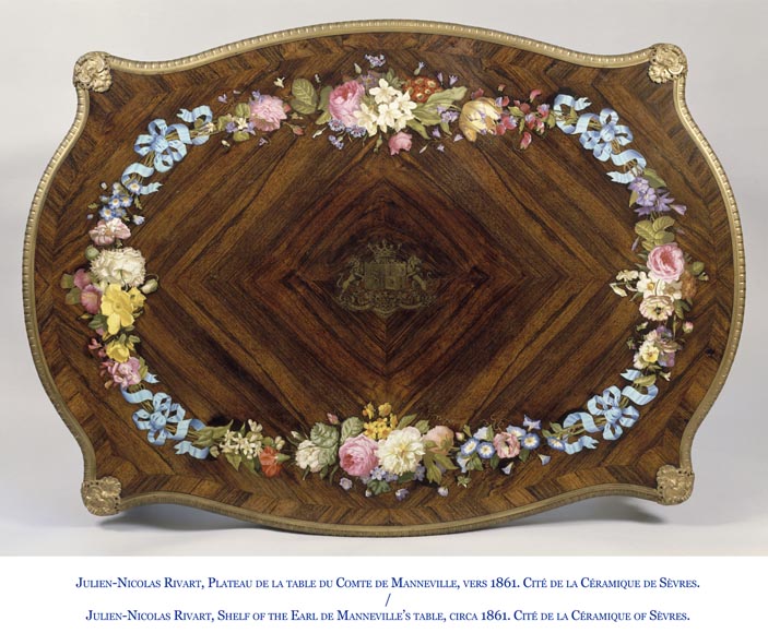 Julien-Nicolas RIVART (1802-1867) - Louis XV style Rosewood Table with decor of porcelain marquetry-7