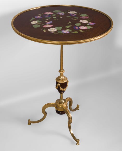 TAHAN Manufactory and Julien-Nicolas RIVART (1802-1867) - Graceful tip-up pedestal table decorated of morning glories in porcelain marquetry-0
