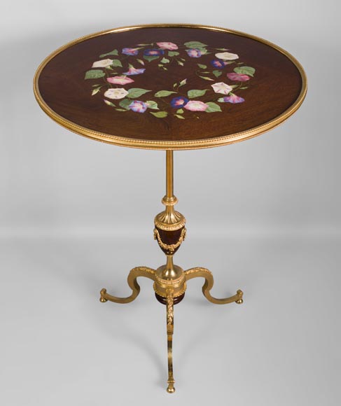 TAHAN Manufactory and Julien-Nicolas RIVART (1802-1867) - Graceful tip-up pedestal table decorated of morning glories in porcelain marquetry-1