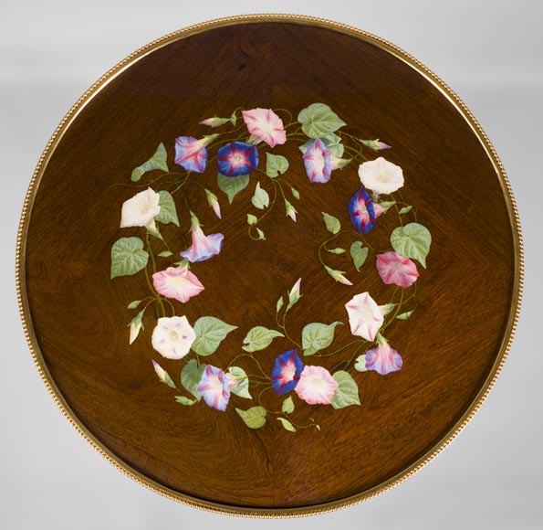 TAHAN Manufactory and Julien-Nicolas RIVART (1802-1867) - Graceful tip-up pedestal table decorated of morning glories in porcelain marquetry-2