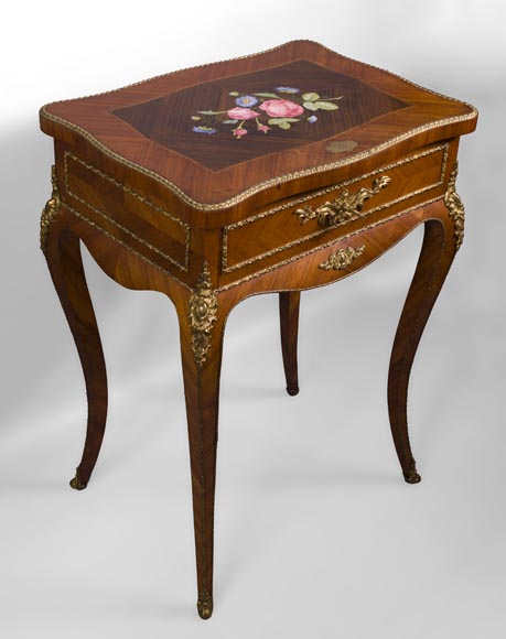 Julien-Nicolas RIVART (1802-1867) - Elegant emblazoned sewing table with decoration of porcelain marquetry-1