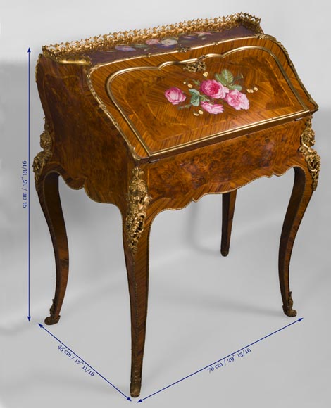 Alphonse GIROUX et cie and Julien-Nicolas RIVART (1802-1867) - Gorgeous writing desk with espagnolettes and decoration of roses in porcelain inlays-8