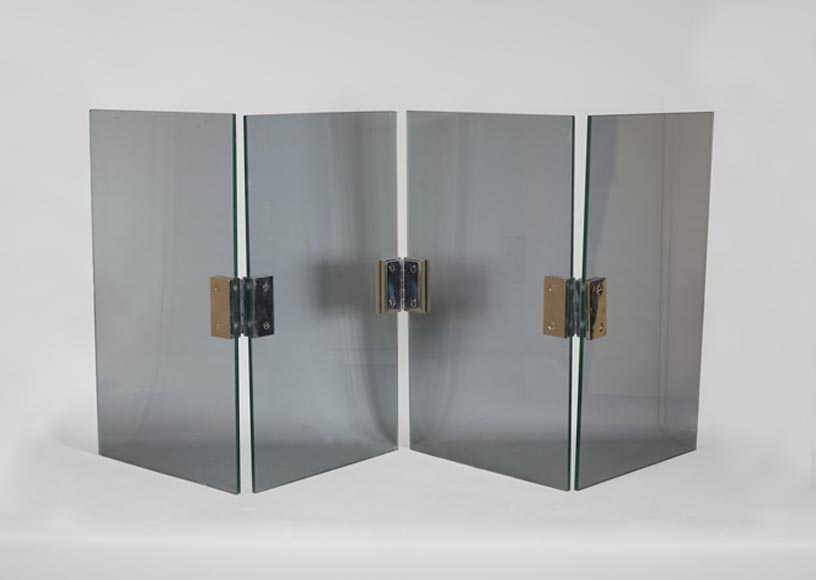 Four-leaf firescreen in glass and chrome-plated metal, 1970s-0