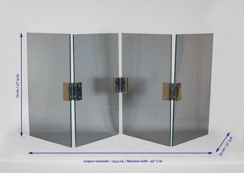 Four-leaf firescreen in glass and chrome-plated metal, 1970s-3