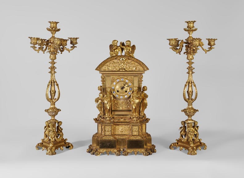 Gilt bronze 19th-century Romantic clock set with the Four Seasons-0