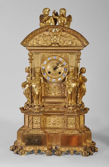 Gilt bronze 19th-century Romantic clock set with the Four Seasons-1