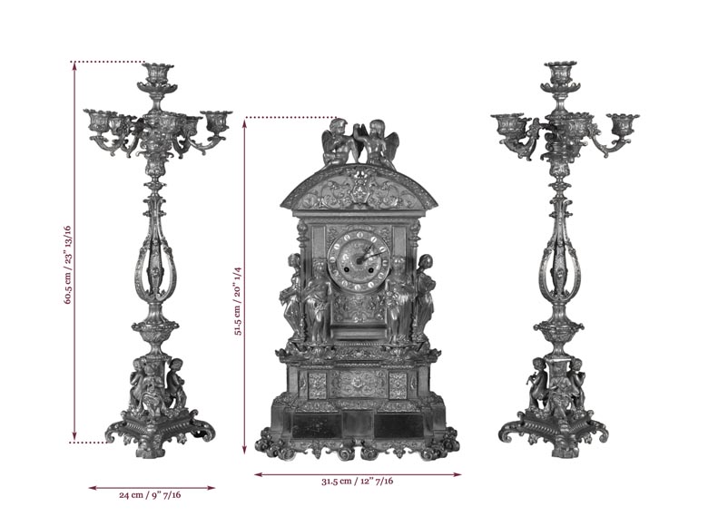 Gilt bronze 19th-century Romantic clock set with the Four Seasons-11