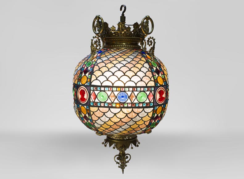 Beautiful antique Neo-Gothic style spherical chandelier in stained glass, late 19th century-0