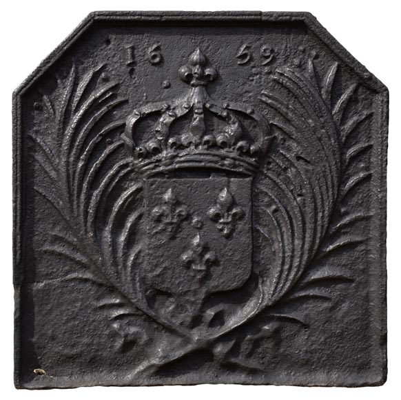 Antique cast iron fireback with the French coat of arms dated 1659-0