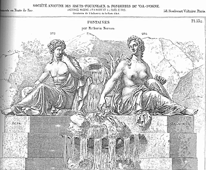 "Acis and Galatea", exceptional set of Val d'Osne cast iron statues forming a fountain from the Château du Pian near Bordeaux