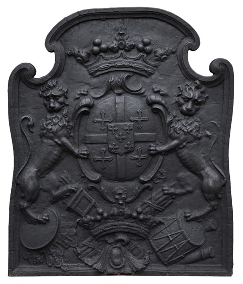 Beautiful antique cast iron fireback with the Cléron family coat of arms, 18th century-0