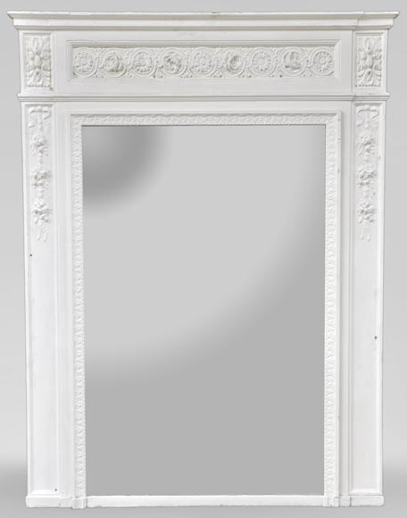 Antique Louis XVI style overmantel mirror with flowers frieze, wood and painted stucco-0