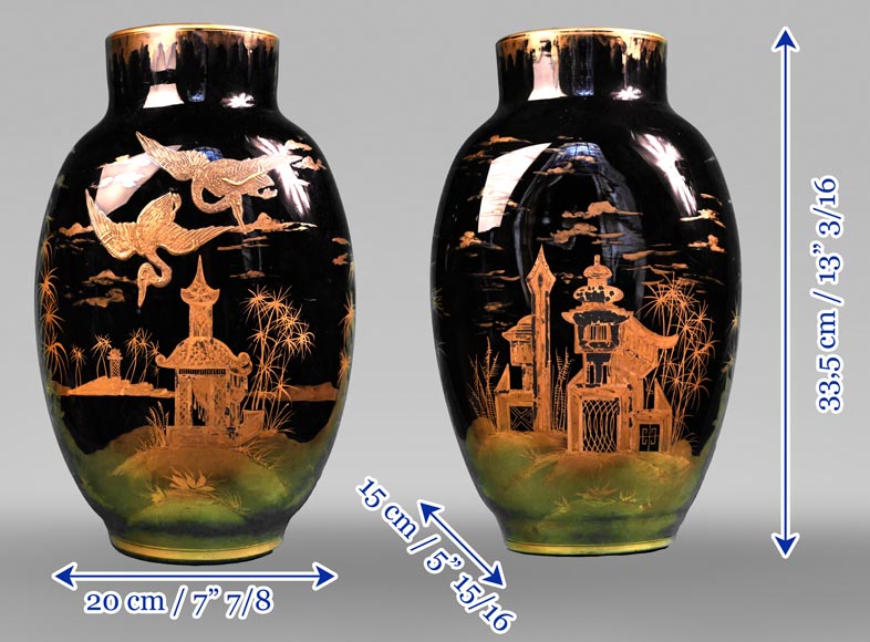 Cristalleries du Val Saint-Lambert, Pair of vases with a Japanese landscape, circa 1880-6