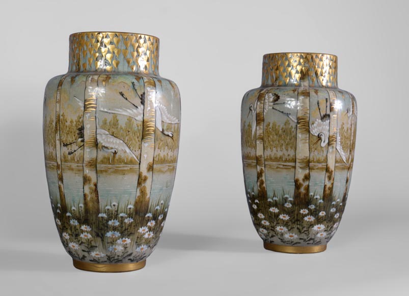 Manufacture KELLER & GUERIN in Luneville - pair of vases decorated with storks in flight in a lake landscape-1