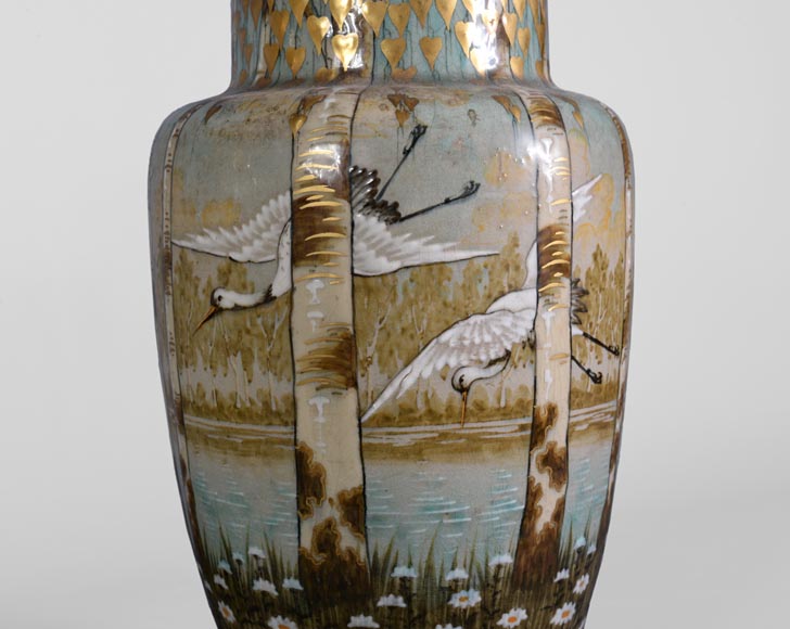 Manufacture KELLER & GUERIN in Luneville - pair of vases decorated with storks in flight in a lake landscape-5