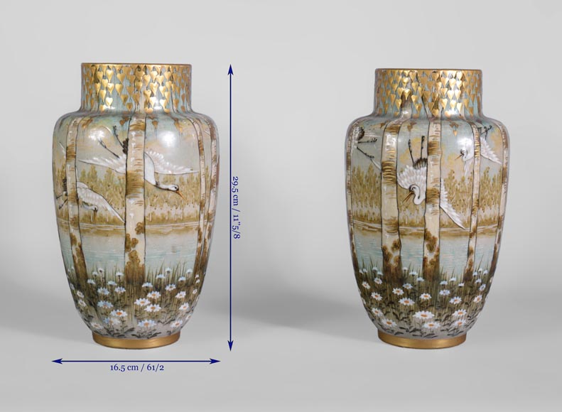 Manufacture KELLER & GUERIN in Luneville - pair of vases decorated with storks in flight in a lake landscape-7