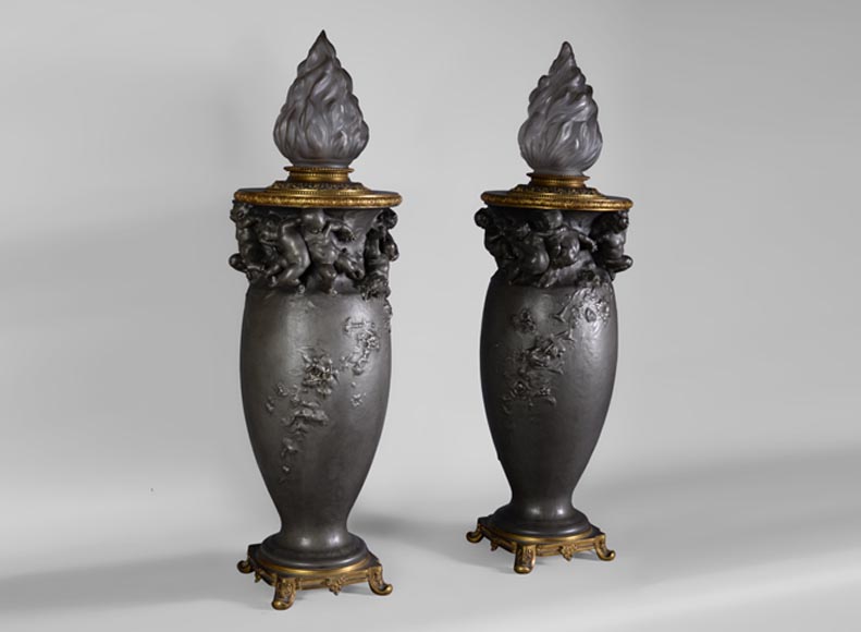 Paul ROUSSEL (1867-1928) - Pair of pewter lamps, cast by Eugène Soleau and globe signed Sèvres-0