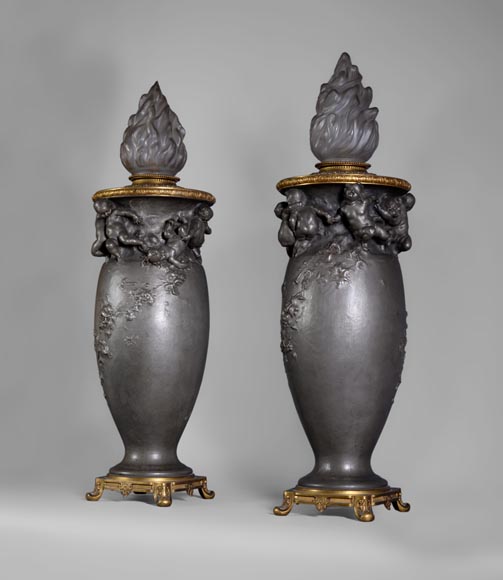 Paul ROUSSEL (1867-1928) - Pair of pewter lamps, cast by Eugène Soleau and globe signed Sèvres-6