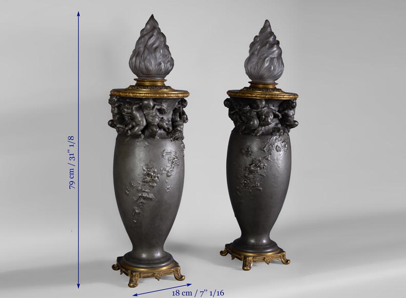 Paul ROUSSEL (1867-1928) - Pair of pewter lamps, cast by Eugène Soleau and globe signed Sèvres-9