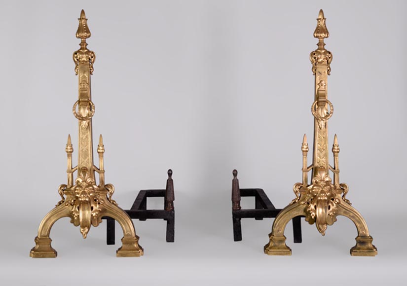 Pair of antique Napoleon III style andirons in gilt bronze with lion heads-0