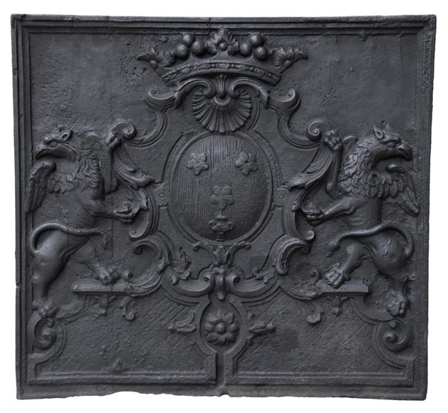 Beautiful antique cast iron fireback with the Jannon family coat of arms, 18th century -0