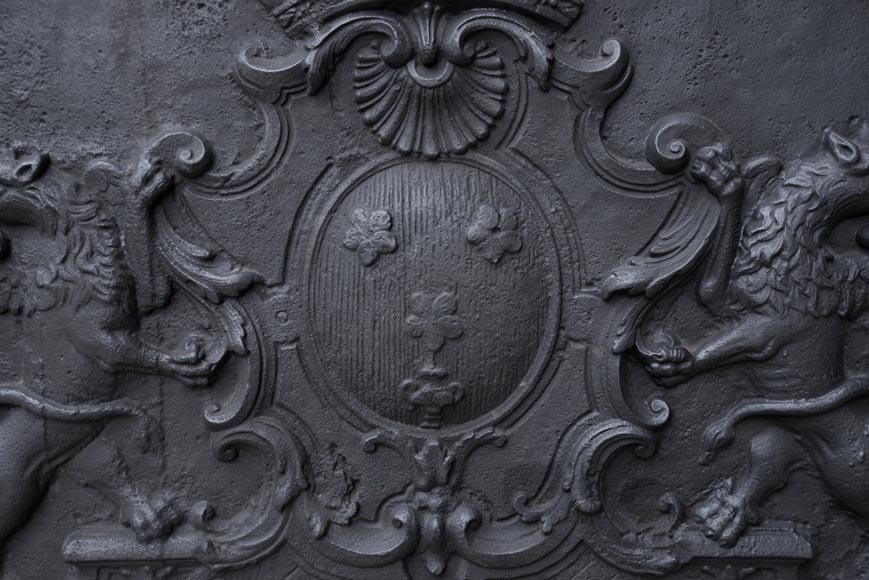 Beautiful antique cast iron fireback with the Jannon family coat of arms, 18th century -1