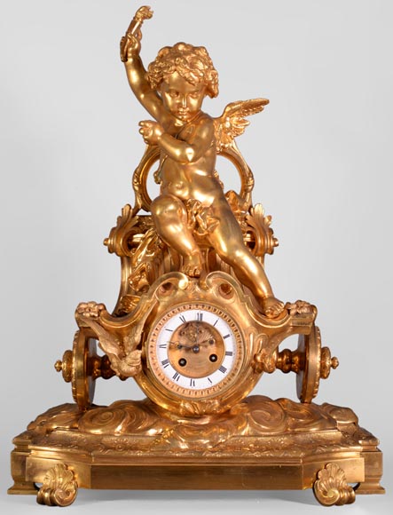 Cupid on a chariot, Napoleon III style clock in gilded bronze-0