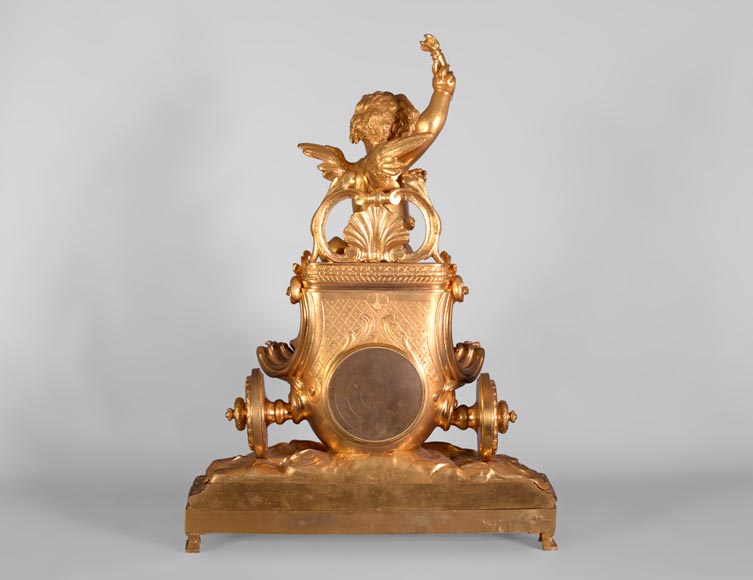 Cupid on a chariot, Napoleon III style clock in gilded bronze-8