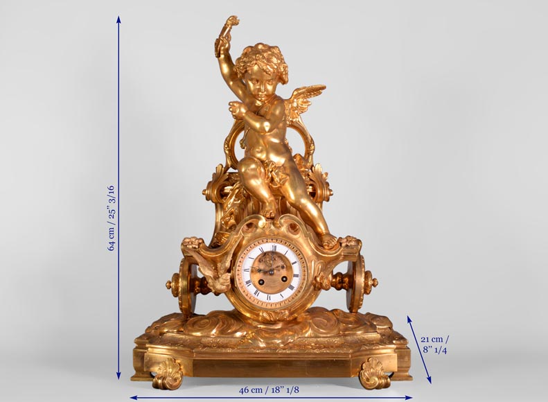 Cupid on a chariot, Napoleon III style clock in gilded bronze-9