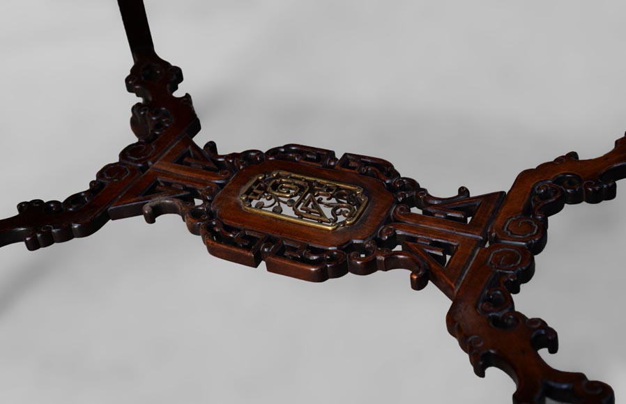 Japanese style table, openwork wooden friezes, top decorated with a japanese hunter-7