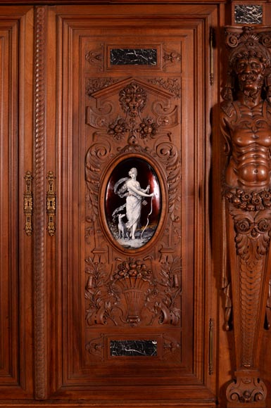 Large Neo-Renaissance style walnut cabinet -  Painted enamels signed by Theophile Soyer (1853-1940)-1