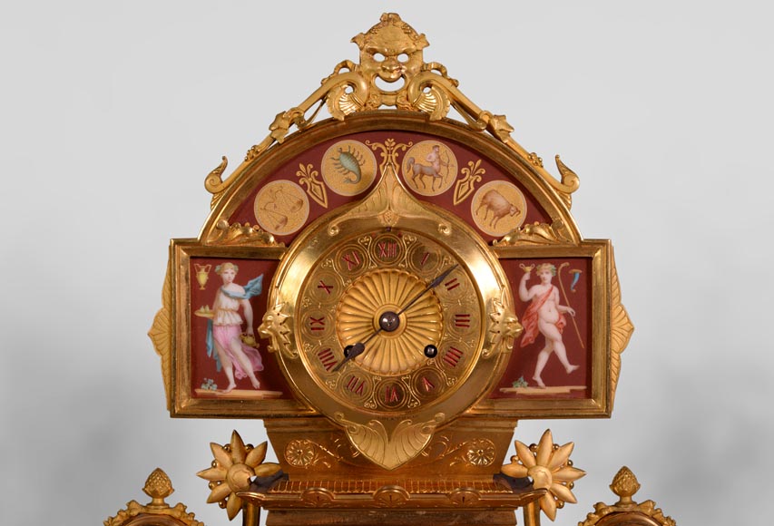 Neo-Pompeian style clock set made out of gilded bronze and red ceramic-2