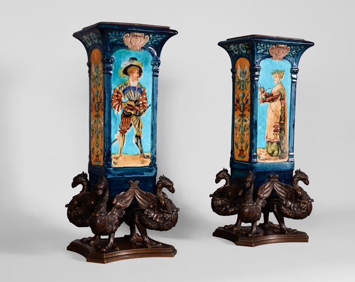 Pair of Neo-Renaissance style earthenware cones vases with brown patina bronze griffins-1