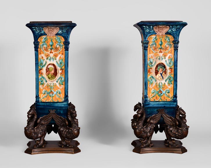 Pair of Neo-Renaissance style earthenware cones vases with brown patina bronze griffins-6