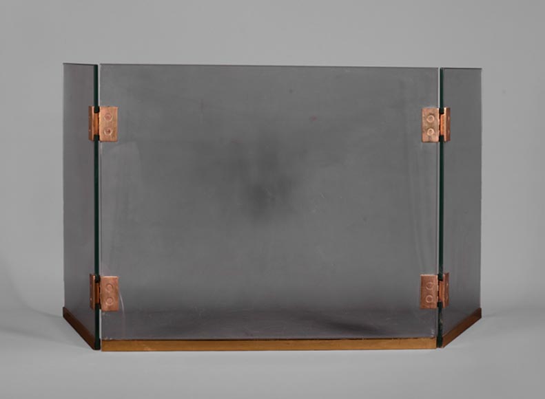 Fireplace Accessories Fire Screen Triptych Shaped Firescreen In Glass And Brass 1970s