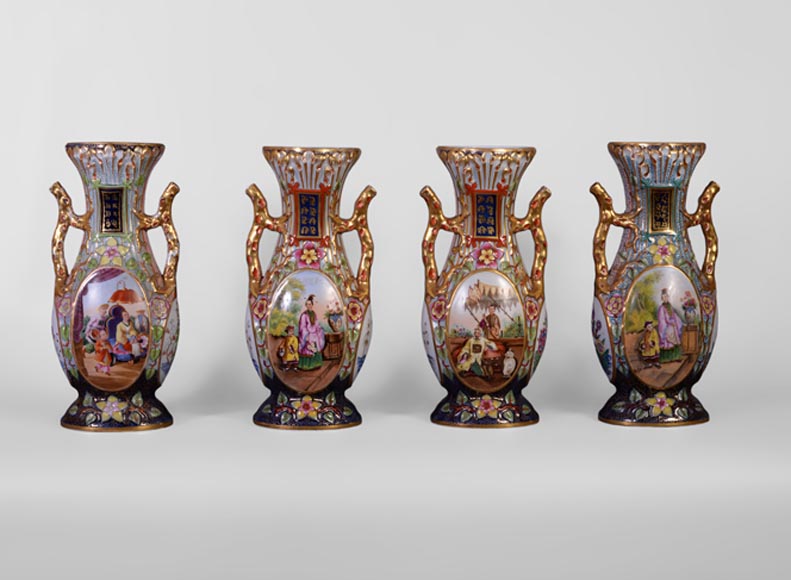 BAYEUX MANUFACTURE - Four vases with polychrome and gold decoration with Chinese-0