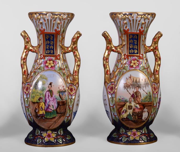 BAYEUX MANUFACTURE - Four vases with polychrome and gold decoration with Chinese-1