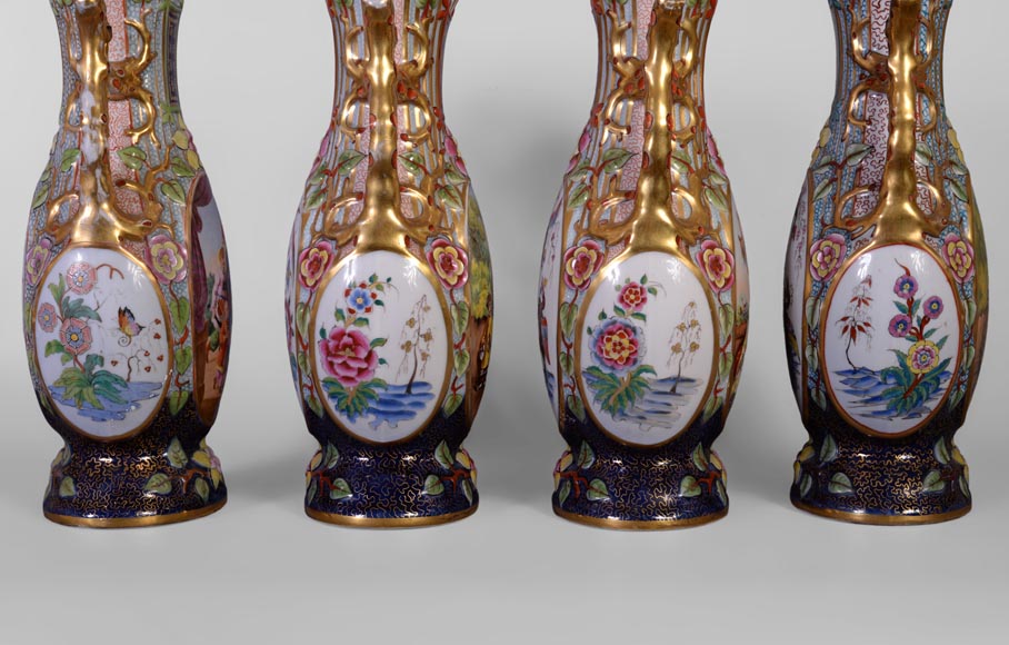 BAYEUX MANUFACTURE - Four vases with polychrome and gold decoration with Chinese-6